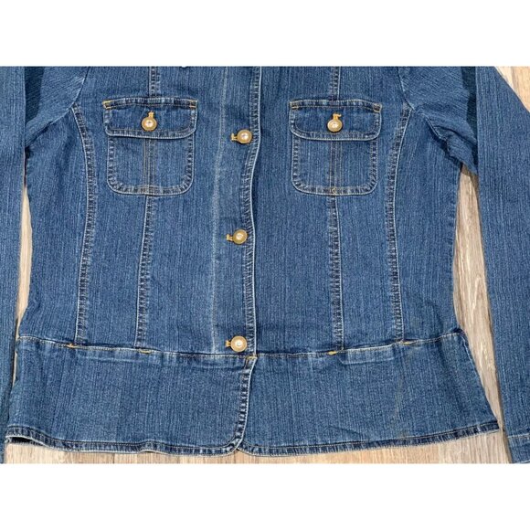 Erika & Co Womens Medium Button-Up Denim Jean Jacket Blue Rhinestones Pockets - Picture 3 of 11